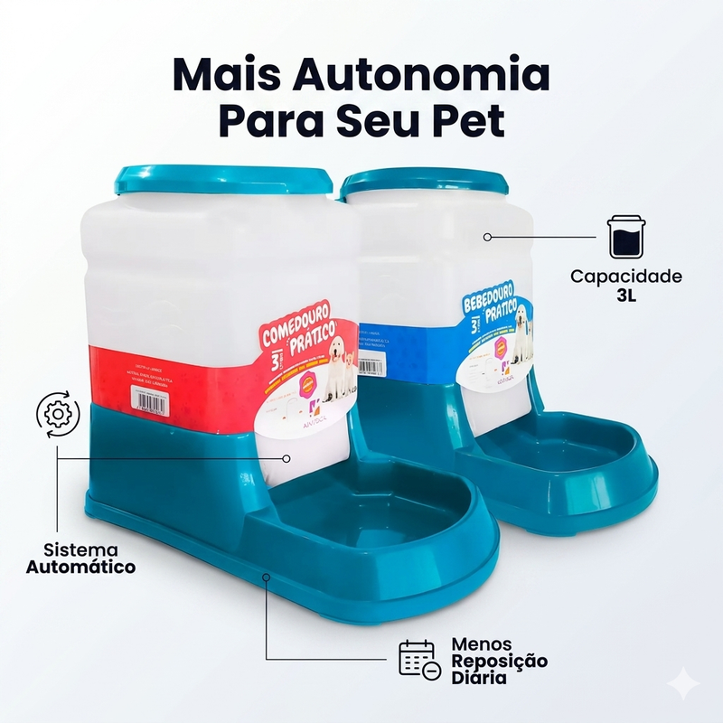 Kit Bebedouro Comedouro Automatico Cachorro Gato Prático 3Lt - Duplo