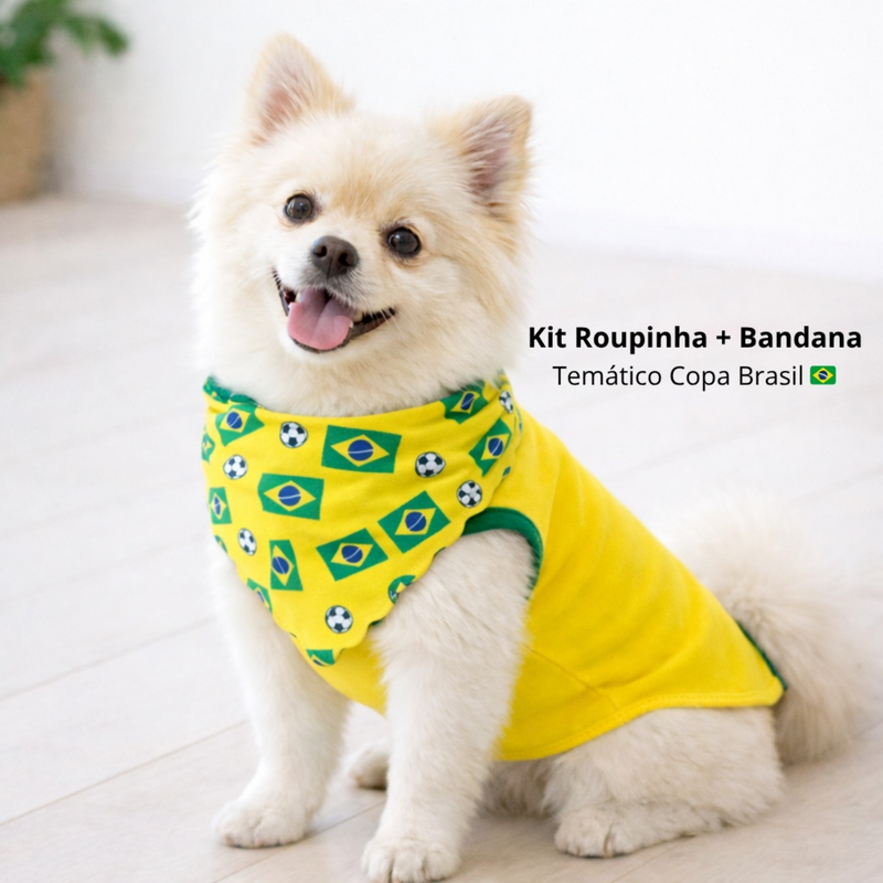 Roupinha Pet Brasil Copa + Bandana Roupa Cachorro Futebol Confortável - Porte Caes Pequeno ao Médio